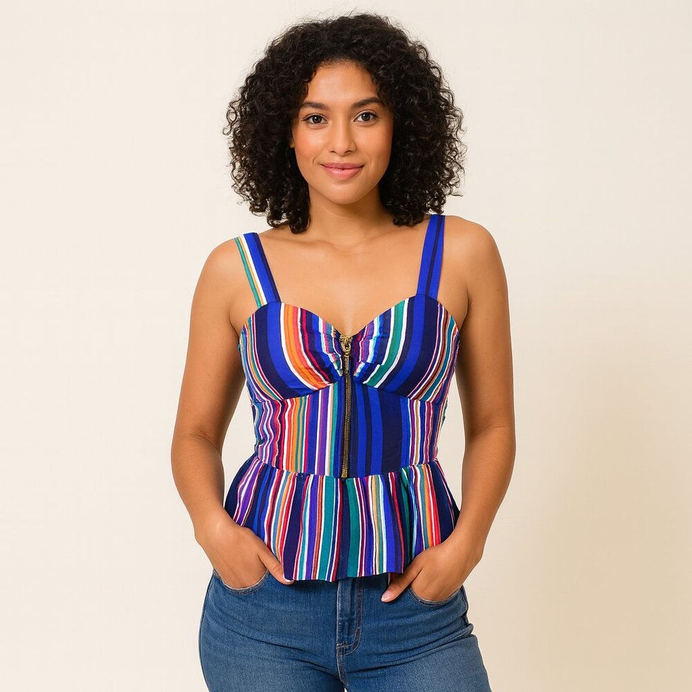 Liberty Love Womens Multi Color Striped Zip Front Peplum Cami Top Blue Medium
